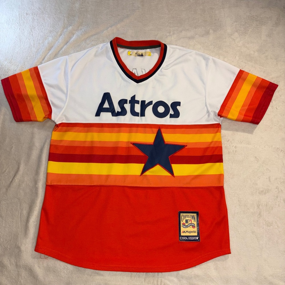 Majestic Houston Astros Nolan Ryan 34 Tequila Sunrise Jersey Mens L Cooperstown